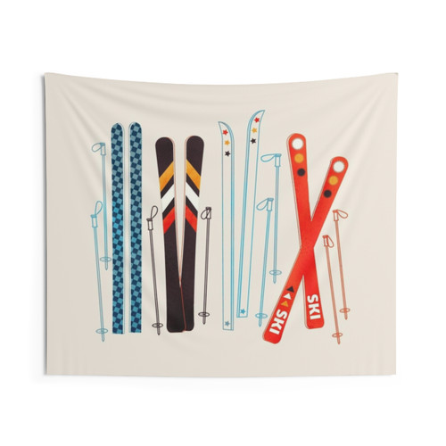 Colorful retro ski illustration tapestry