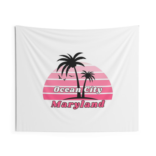 Retro beach tapestry with palm tree at sunset
