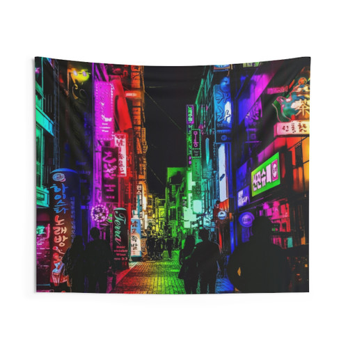 Vibrant Rainbow Nights Tapestry - Urban Cyberpunk Cityscape Art