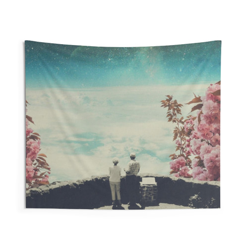 Vintage Collage Tapestry Featuring Romantic Couple in Surreal Outer Space Scene