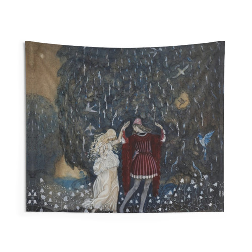 Magical Swedish fairy tale tapestry of a lady dancing with a knight among birds and flowers