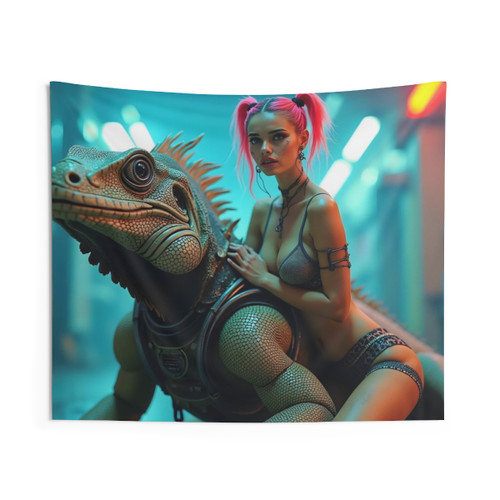 Punk girl hugging a doberman dog tapestry