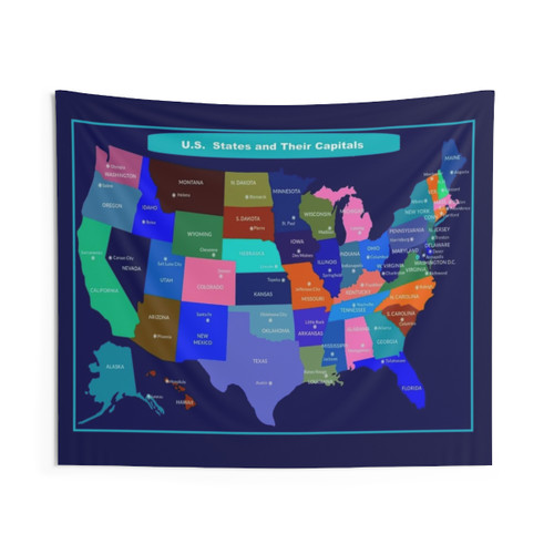 Colorful US States and Capitals Map Tapestry