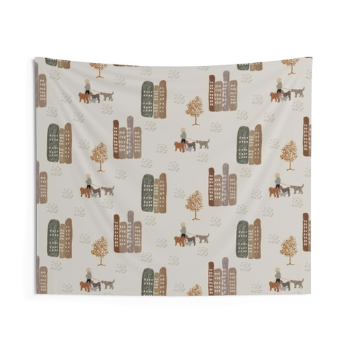 City Stroll Tapestry featuring a vibrant pattern of New York buildings and dog walkers