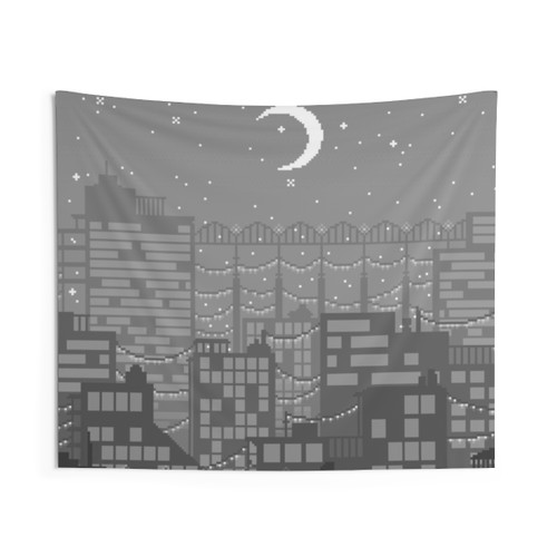Monochrome Pixel Art Tapestry of a Twinkling Town Skyline