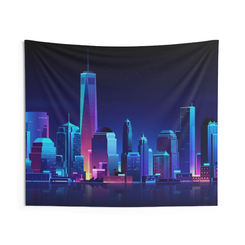 Neon City Tapestry with Reflections and Skyscrapers