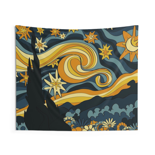 Retro Groovy Starry Night Tapestry Wall Hanging