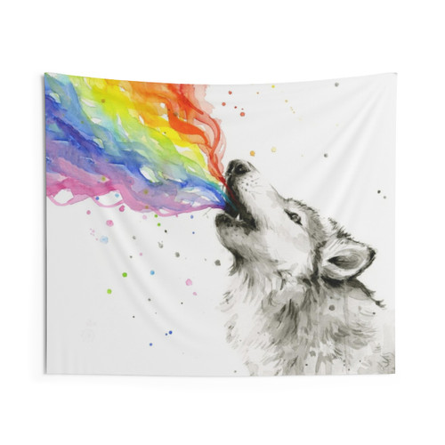 Colorful Wolf Howling Watercolor Tapestry