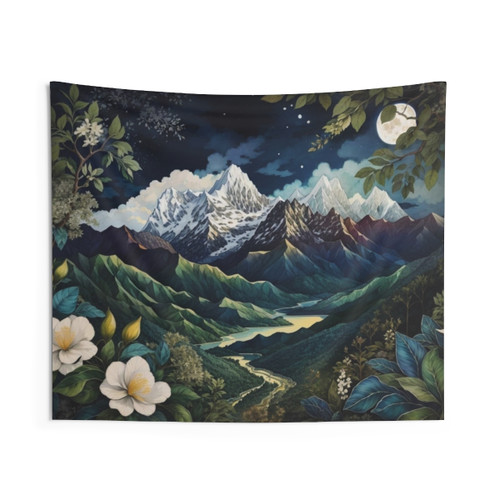 Scenic Landscape Moonlit Mountains Tapestry