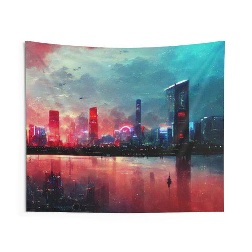 Cyberpunk Cityscape Skyline Tapestry
