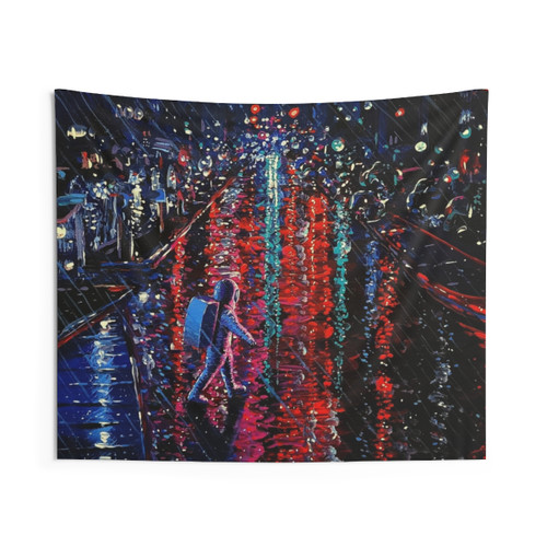 Psychedelic Rain Tapestry featuring a cityscape at night with an astronaut and space elements