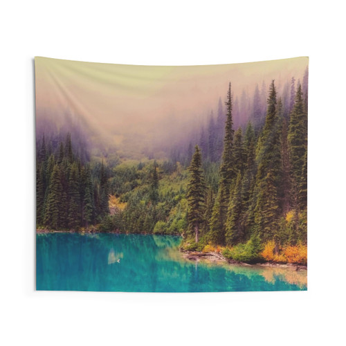 Teal lake and mountain landscape tapestry wall hanging