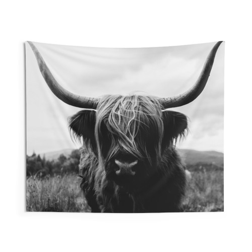 Black and White Scottish Highland Cattle Photography Tapestry