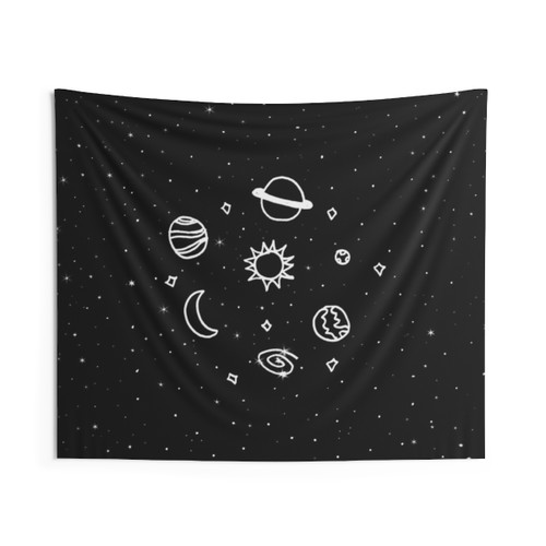 Whimsical space tapestry with planets, moon, and stars