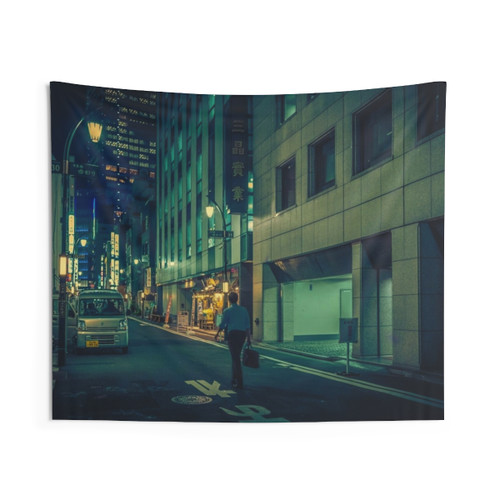 Japan Night Photo Tapestry with Cyberpunk Neon Alley Scenery