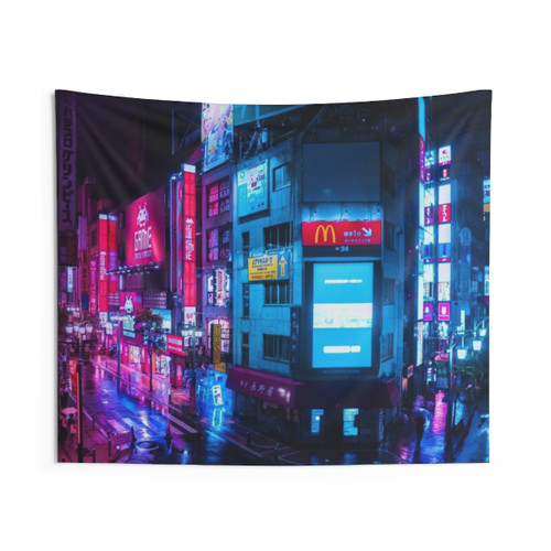 Futuristic Neon City Blues Tapestry