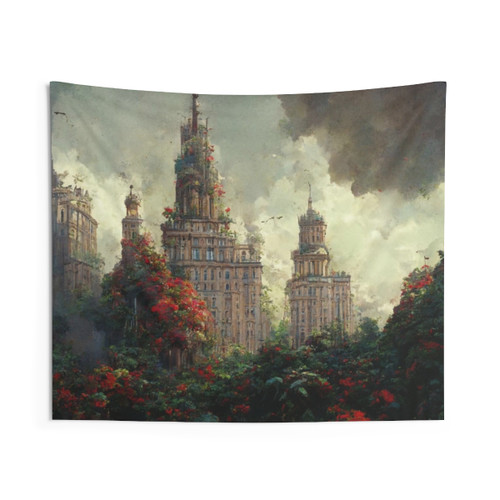 City in Bloom Tapestry - Dystopian Foliage Wall Art