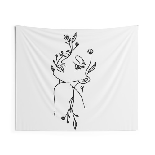 Modern Line Art Woman with Flowers Tapestry