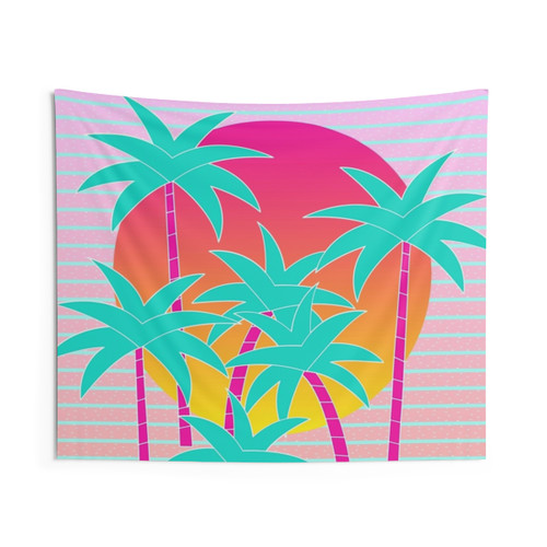 Retro Miami Sunset Tapestry with palm trees, memphis design, and 80s/90s colors