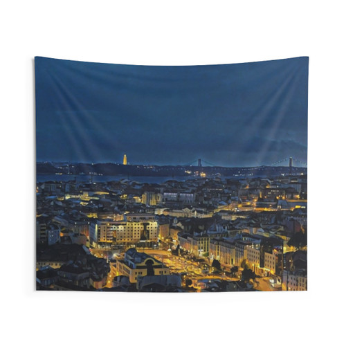 Lisbon at Night Tapestry - Scenic European City Decor