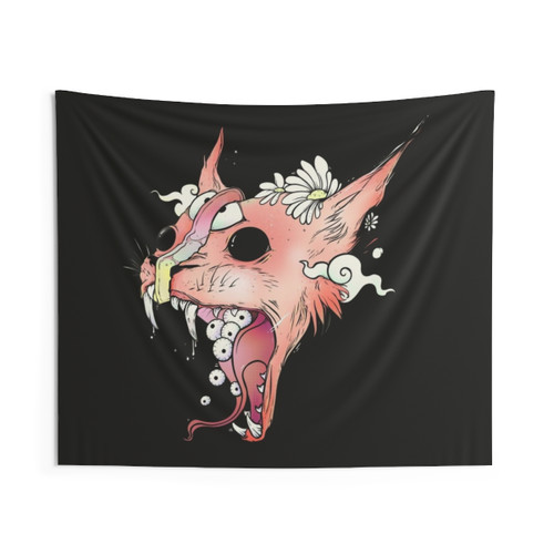 Colorful cat tapestry with trippy tongue and eyeballs design
