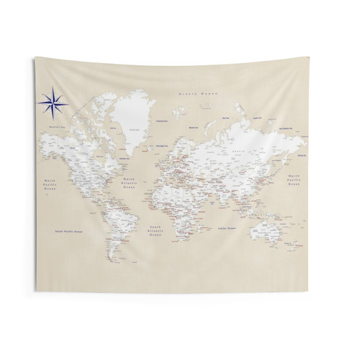 Vintage World Map Tapestry with Cream, Navy Blue, and Red Colors
