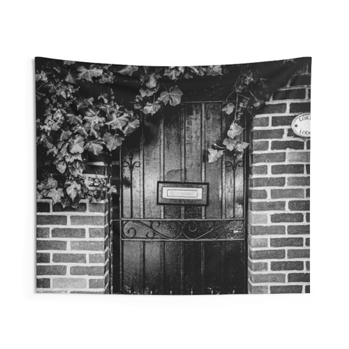 Black and White Photo of a Secret Garden Door in London Tapestry