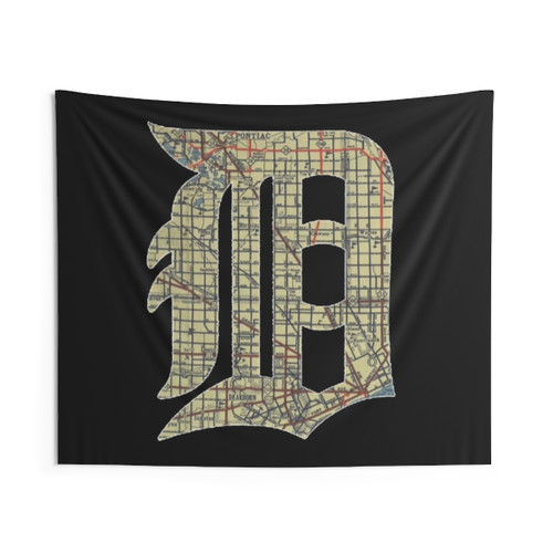 Detroit City Map Tapestry with Old English D Design