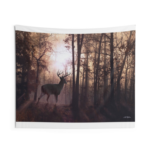 Foggy Missouri Wildlife Tapestry featuring deer and forest