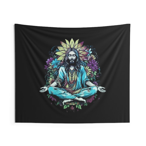 Spiritual meditation tapestry featuring Jesus Christ in lotus position with flower power and halo