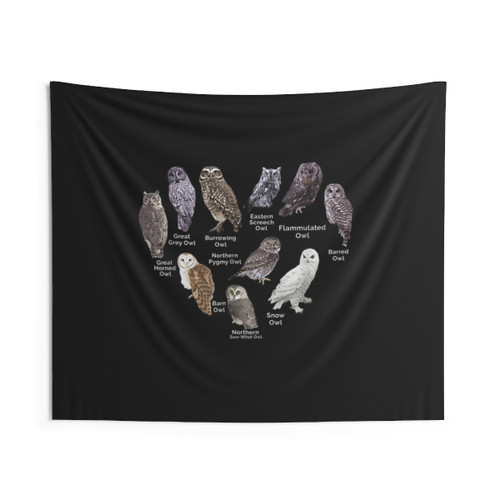 Educational tapestry featuring various types of owls for owl lovers