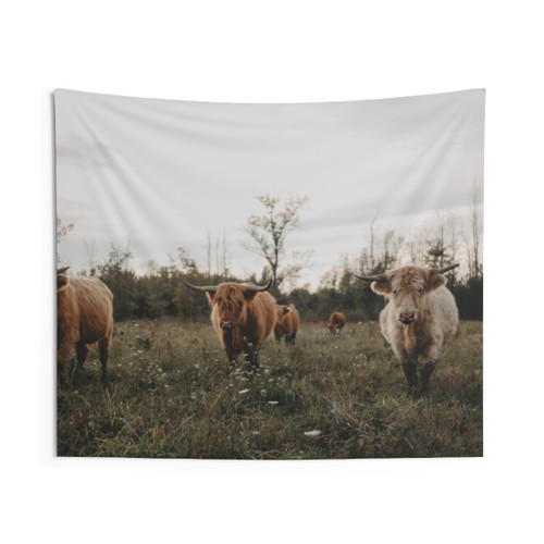 Highland Cow Tapestry - Meadow Sunset Landscape