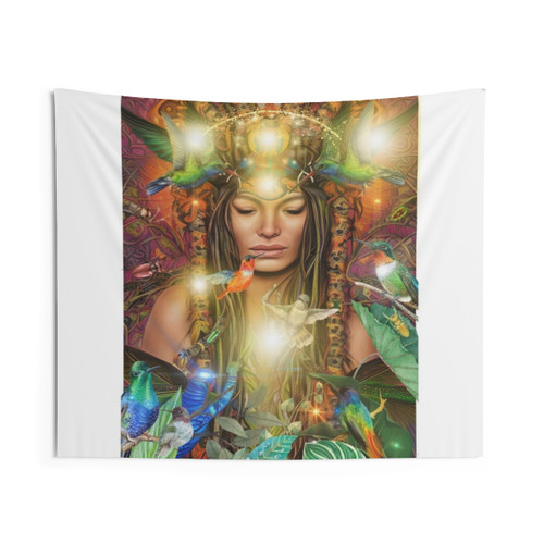 Ayahuasca Goddess Tapestry with Hummingbirds and Rainforest Imagery