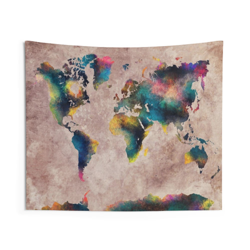Colorful World Map Tapestry with Typographic Art Design