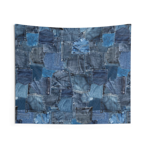 Blue denim patchwork tapestry wall hanging