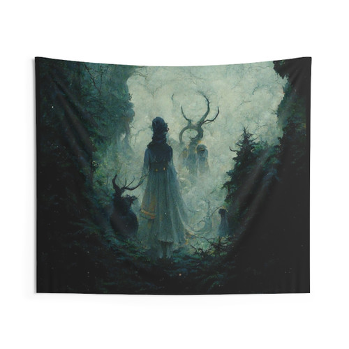 Hecate Goddess Tapestry with Horned Creatures and Trees