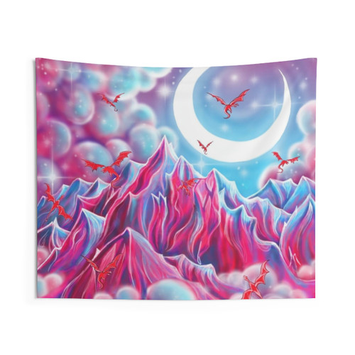 Dragon Mountain Tapestry featuring a majestic dragon flying over a pastel landscape