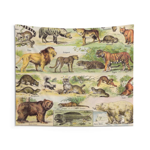 Vintage tapestry featuring educational illustrations of mammals
