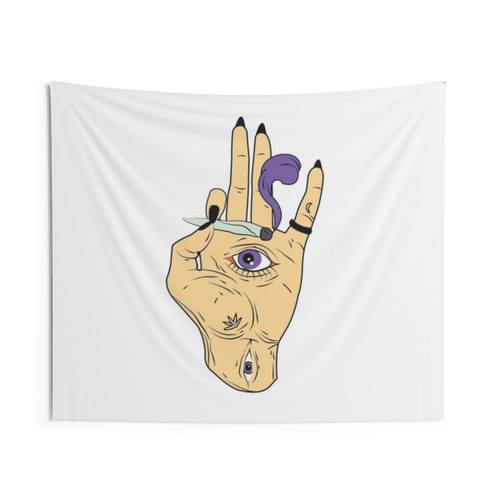Trippy cannabis tapestry with hand and eye design