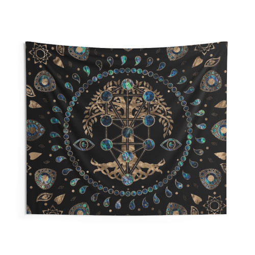 Kabbalah Tree of Life Tapestry with Abalone and Gold