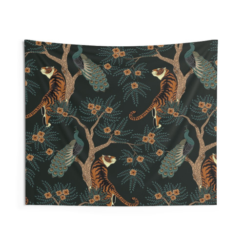 Vintage Tiger and Peacock Tapestry Wall Decor