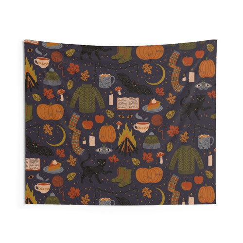 Autumn Nights Tapestry with Pumpkins, Cats, and Witchy Symbols