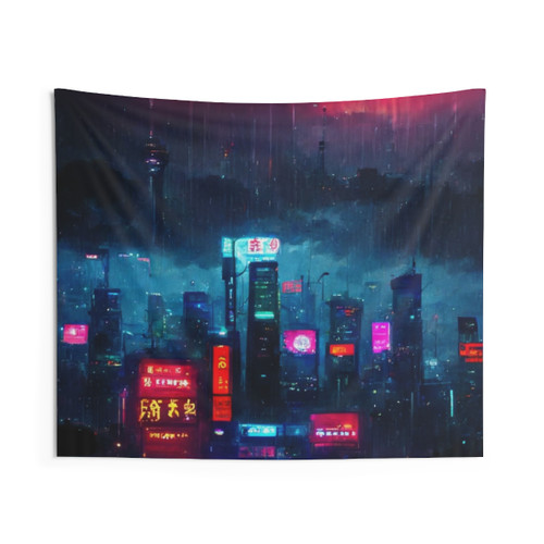 Cyberpunk Cityscape Skyline Tapestry