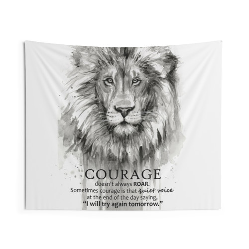 Motivational lion watercolor tapestry with courage quote