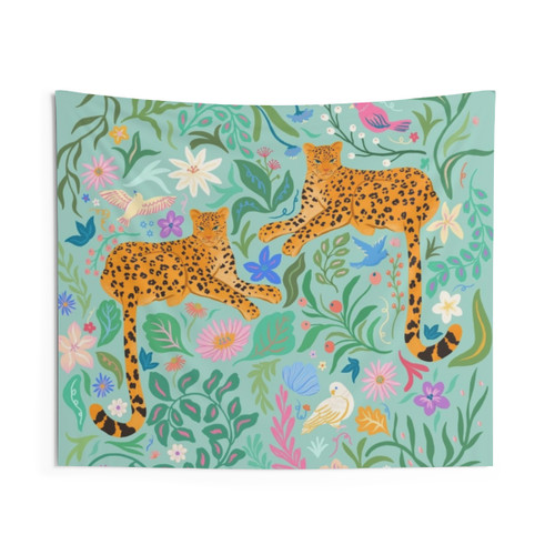 Boho Garden of Hope Tapestry Wall Hanging with Cheetah, Flower, and Leaf Motifs
