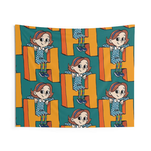 Cartoon girl sitting on capital letter H alphabet tapestry