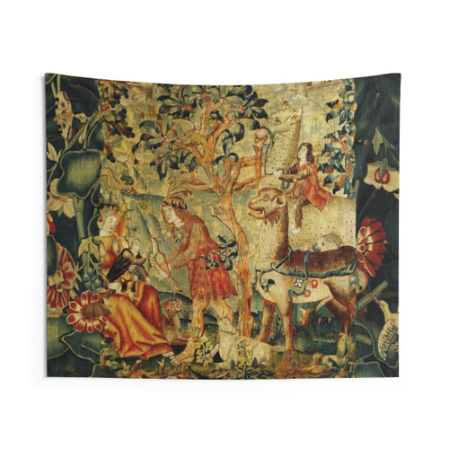Antique floral tapestry with wild men, fantastic animals, and birds in a nature landscape