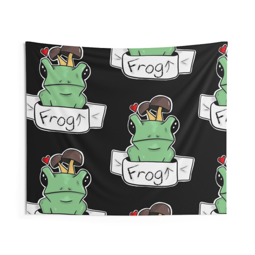 Whimsical frog tapestry with mushrooms and foliage