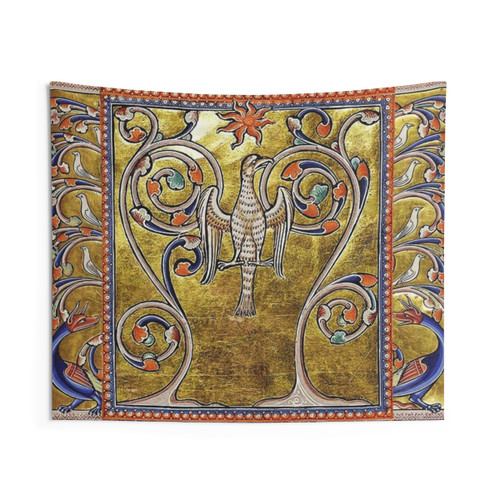 Medieval Bestiary Tapestry with Phoenix, Tree of Life, and Fantastic Animals