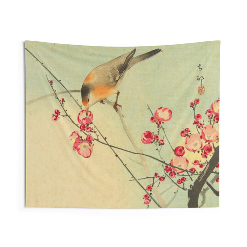 Spring Bird on Blossom Branch Tapestry